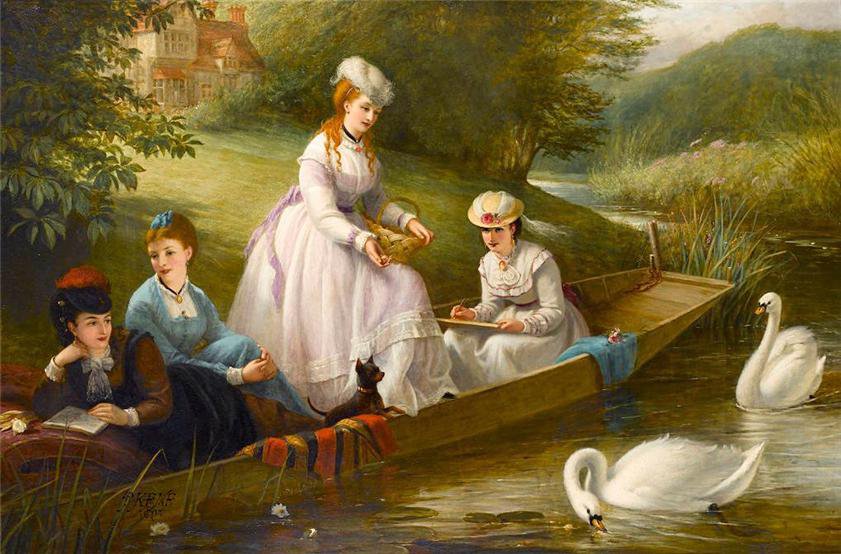 кормление лебедей - девушки, картина, лодка, искусство, лебеди, озеро, живопись - оригинал
