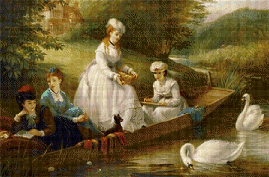 кормление лебедей - озеро, искусство, лебеди, живопись, девушки, лодка, картина - предпросмотр