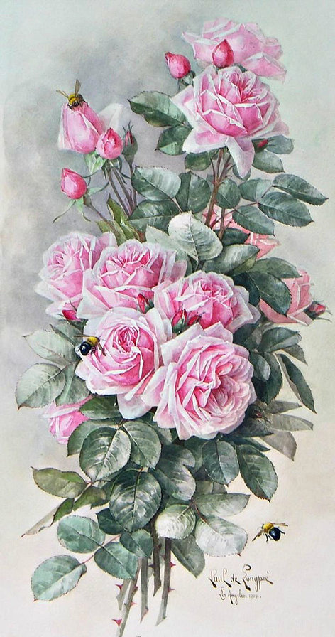 Серия "Цветы, букеты" - винтаж, пчелки, розовые, нежные розы - оригинал