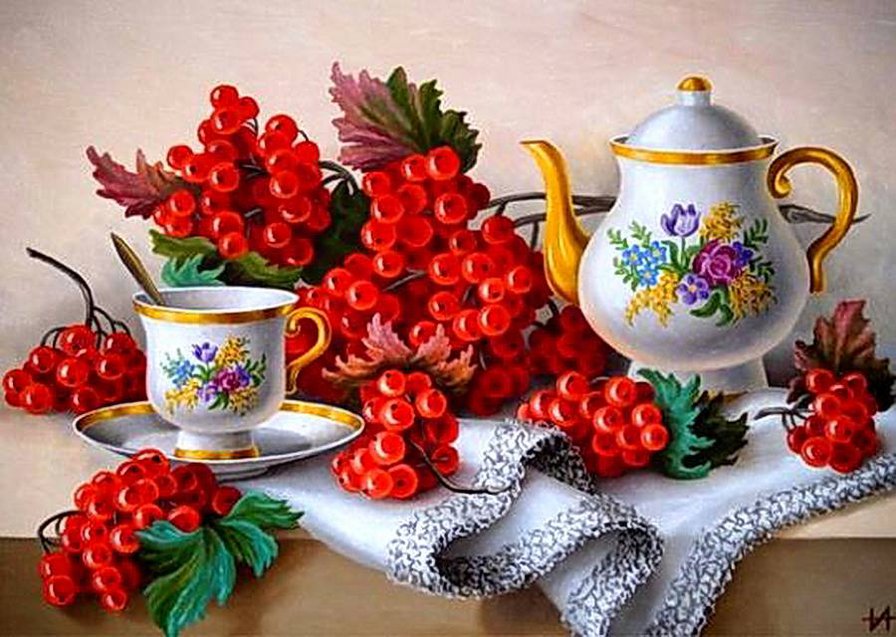 Калина красная... - чайник, ягоды, чашка, натюрморт, чай - оригинал