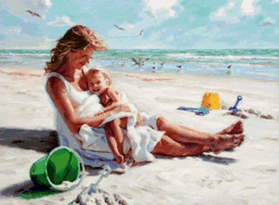 мать с ребёнком на пляже - материнство, море, песок, пляж, ребенок, мать, дитя, лето - предпросмотр