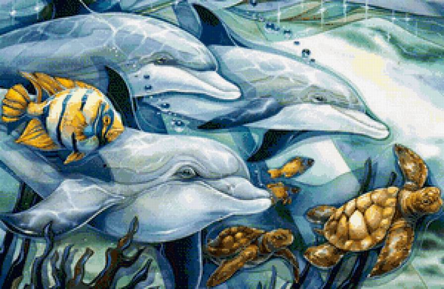 морская фантазия с дельфинами - волна, океан, дельфины, картина, животные, море, фантазия, игра - предпросмотр