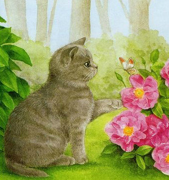 Серия "Домашние любимцы" - кот, бабочки, пейзаж, котик, цветы - оригинал