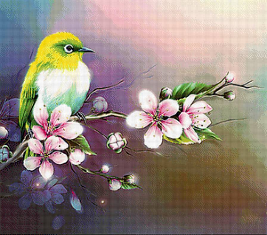 птица на весенней ветке - ветка, весна, цвет, сакура, птица, вишня - предпросмотр
