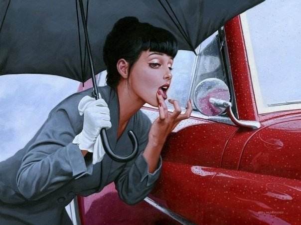девушка, - авто, ретро, зонт, дождь, девушка, губы - оригинал