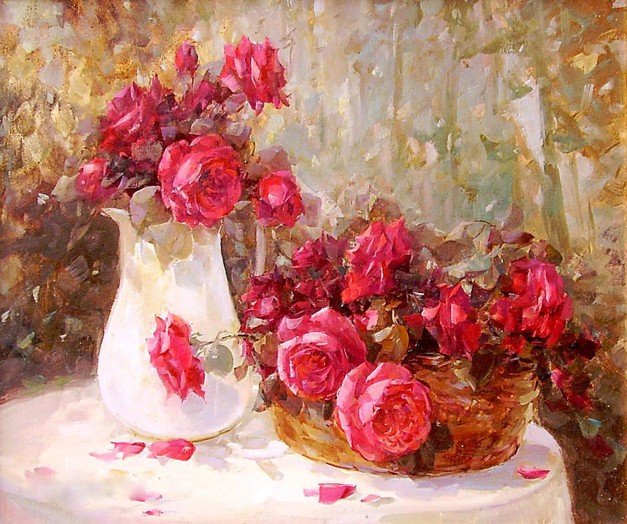 прекрасные розы - цветы, розы, живопись, натюрморт, нежность, ваза, букет - оригинал