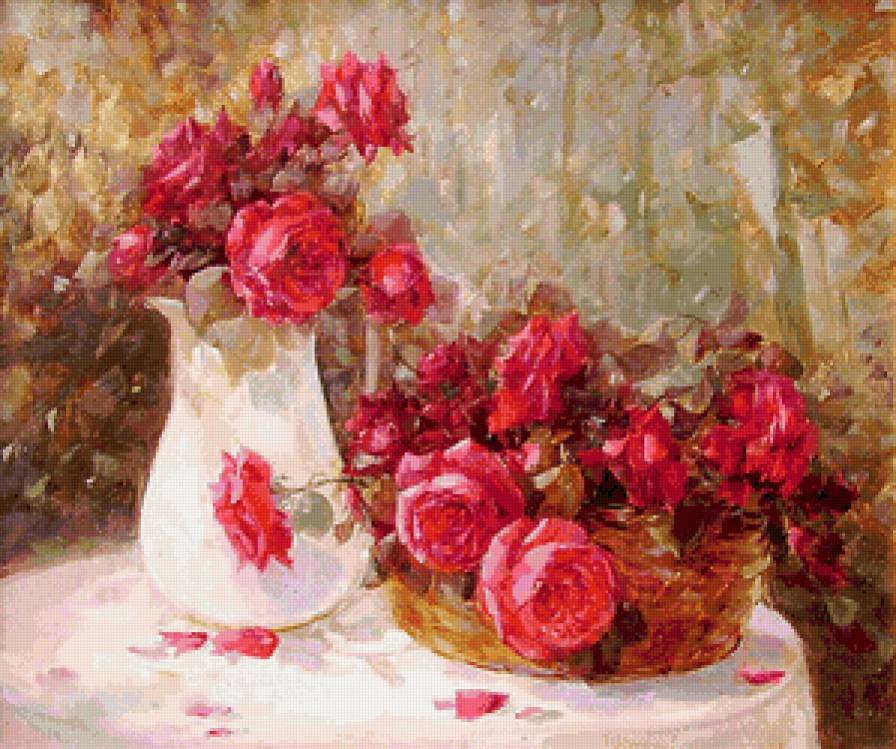 прекрасные розы - букет, натюрморт, нежность, розы, цветы, живопись, ваза - предпросмотр