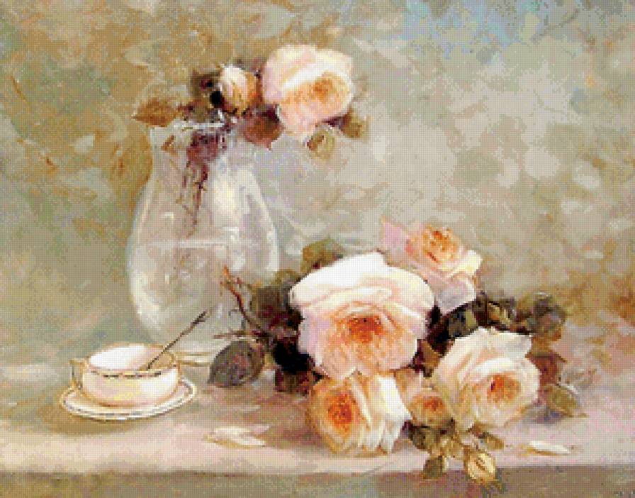 нежные розы в вазе - ваза, цветы, букет, живопись, розы, натюрморт - предпросмотр