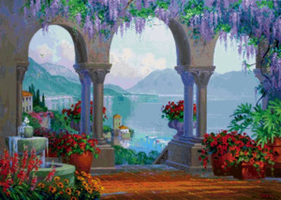арки с глициниями - пейзаж, море, глициния, арка, цветы, сад, лето - предпросмотр