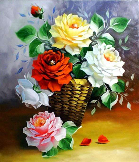 букет роз в корзине - цветы, ваза, корзина, розы, натюрморт, живопись, букет, нежность - оригинал