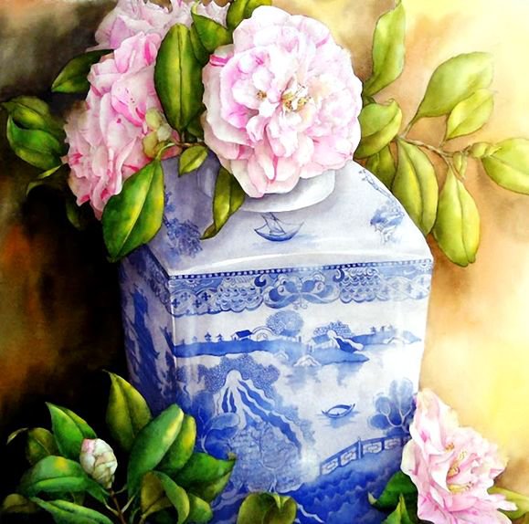 цветы в японской вазе - букет, цветы, ваза, натюрморт, живопись - оригинал