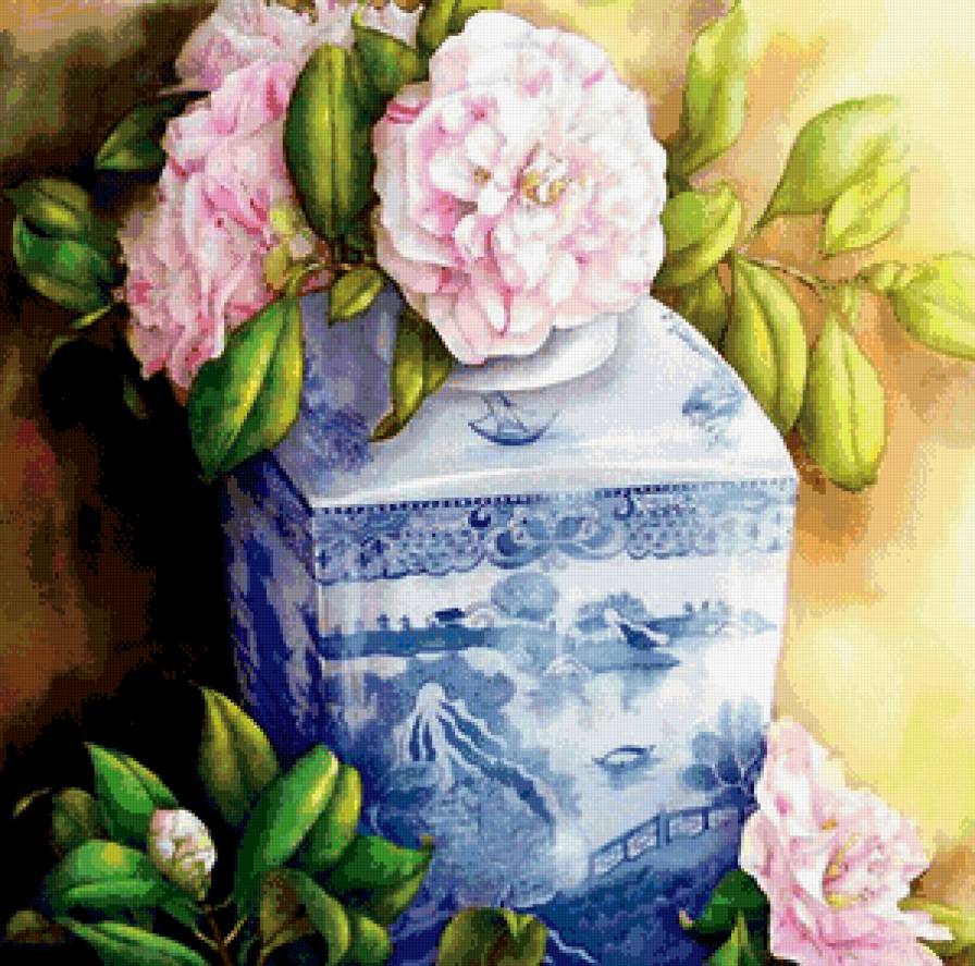 цветы в японской вазе - букет, натюрморт, ваза, цветы, живопись - предпросмотр