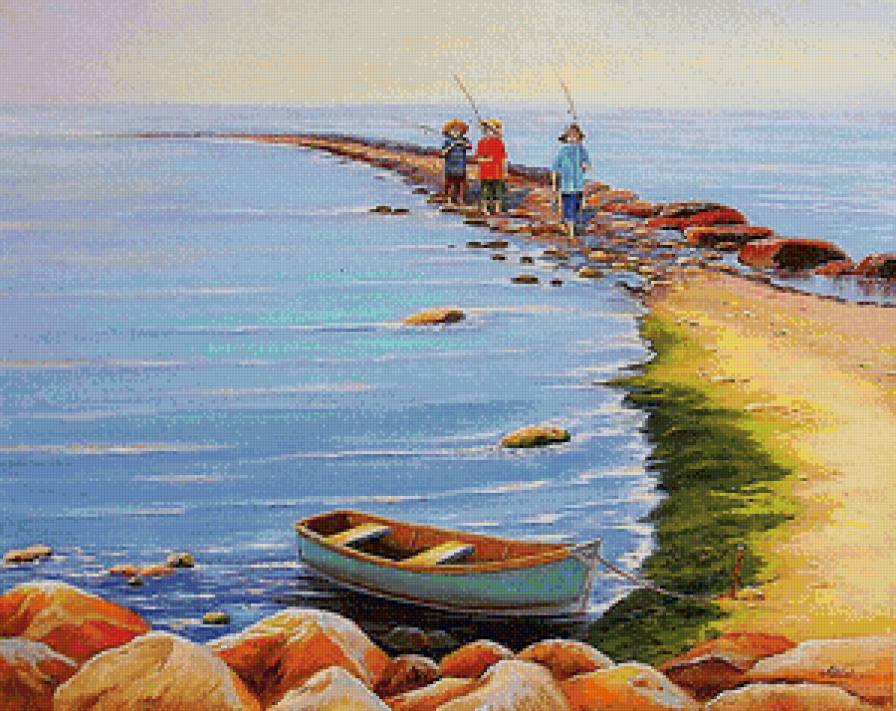 возвращение с рыбалки - рыбалка, дети, пляж, море, пейзаж, лето, лодка, природа - предпросмотр