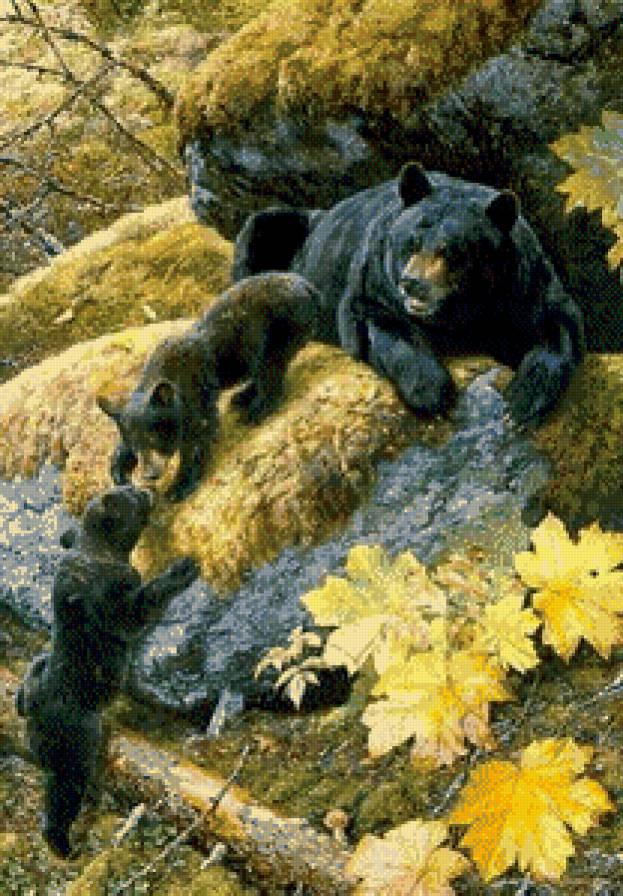 Медведи в осеннем лесу. - лес, медведи, медвежата, осень, семья - предпросмотр