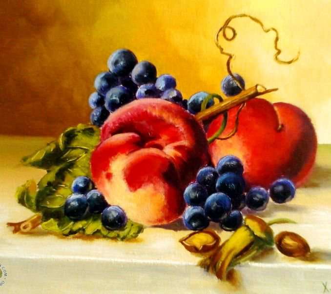персики и виноград - еда, лоза, кухня, натюрморт, фрукты, персики, виноград - оригинал