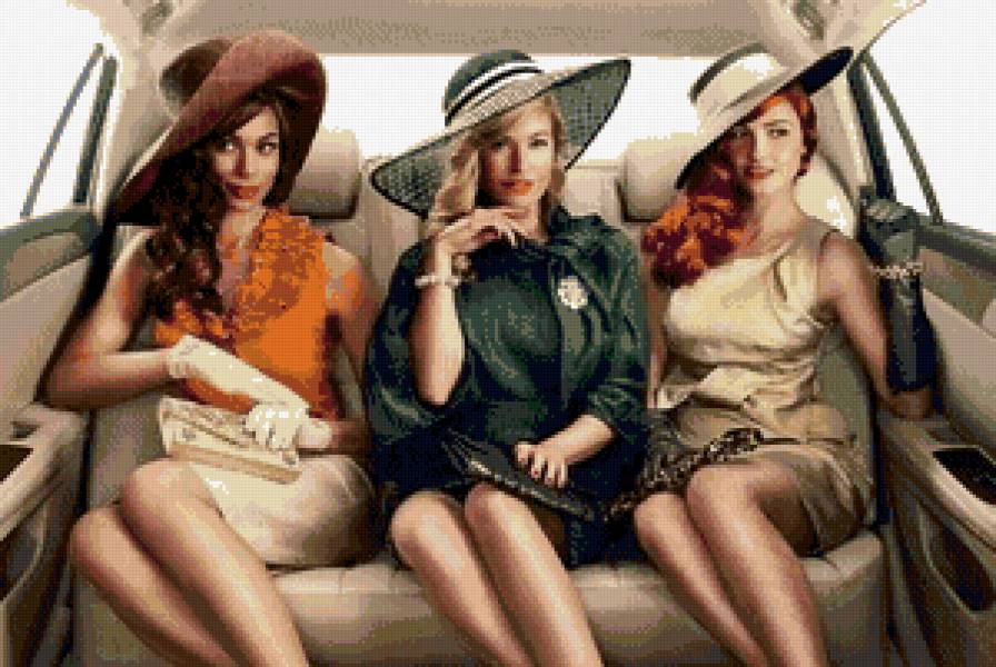 три шикарные женщины в машине - богатство, гламур, мода, шик, красота, машина, женщины - предпросмотр