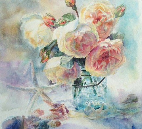 чайные розы в стакане - букет, нежность, розы, живопись, стакан, цветы, натюрморт, ваза - оригинал