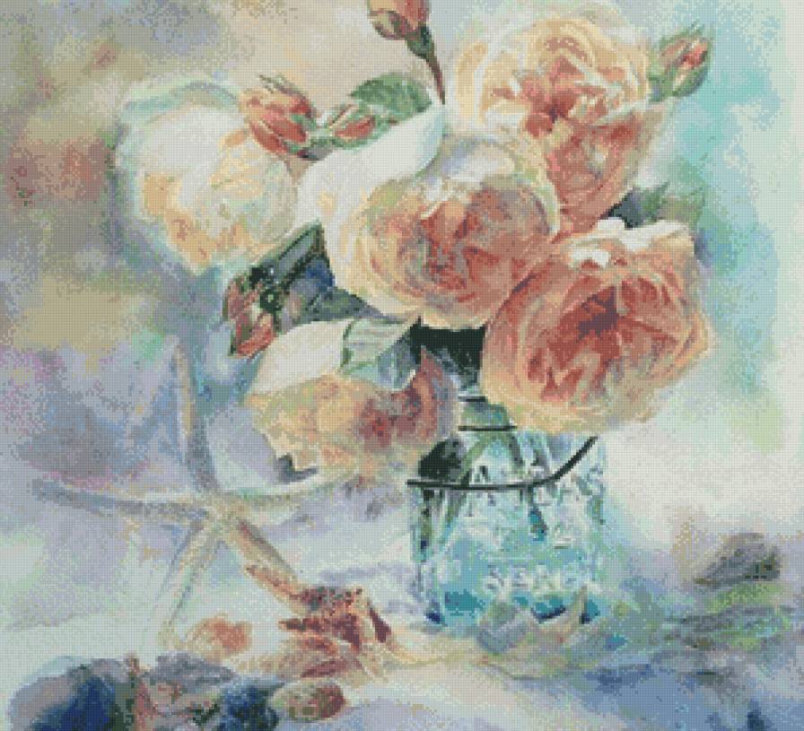 чайные розы в стакане - натюрморт, розы, стакан, нежность, цветы, живопись, букет, ваза - предпросмотр