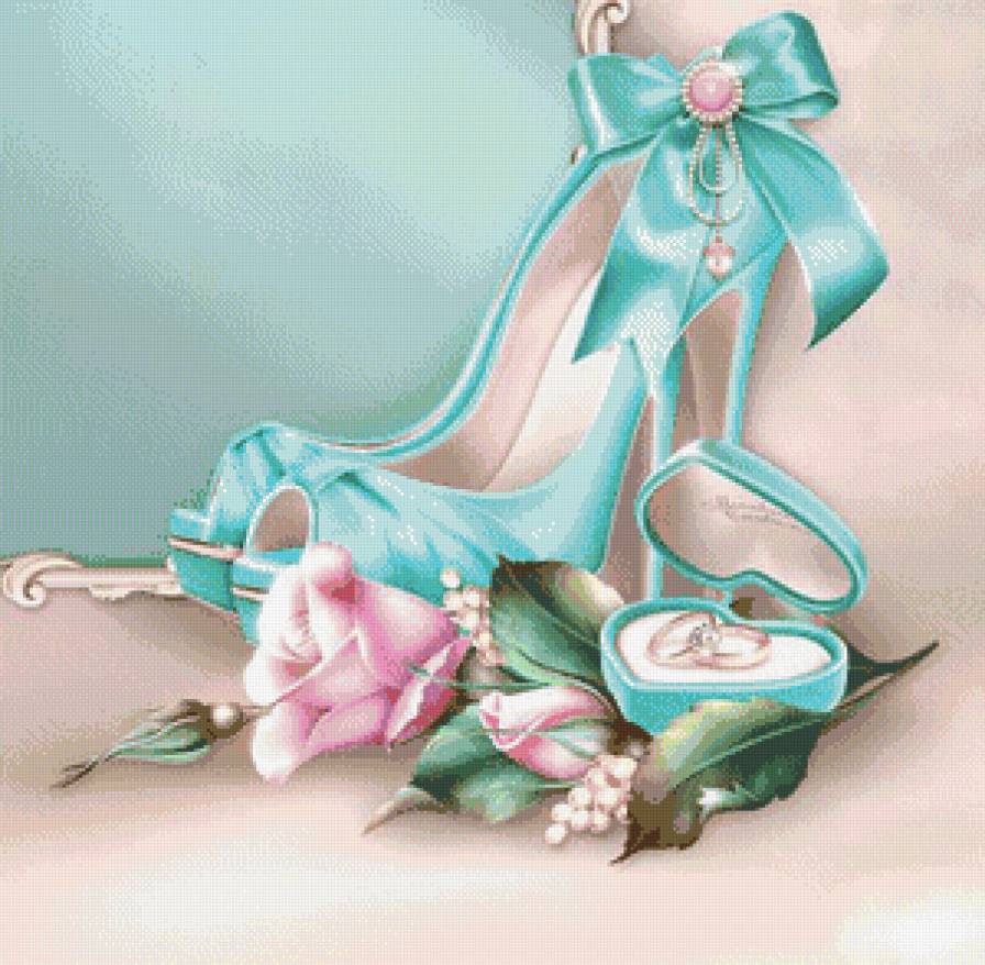 свадебная подушка с розами и туфлями - праздник, кольца, цветы, подарок, подушка, свадьба, туфли, розы - предпросмотр
