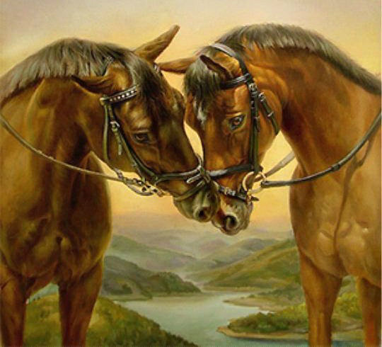 Серия "Лошади, кони" - нежность, пара лошадей, пейзаж - оригинал