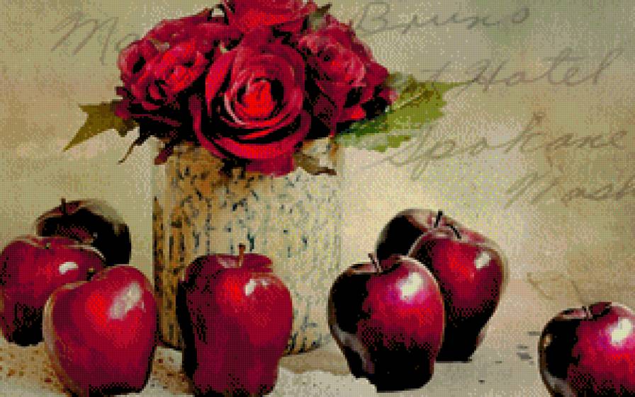 Розы и яблоки - розы, яблоки, красный, натюрморт - предпросмотр