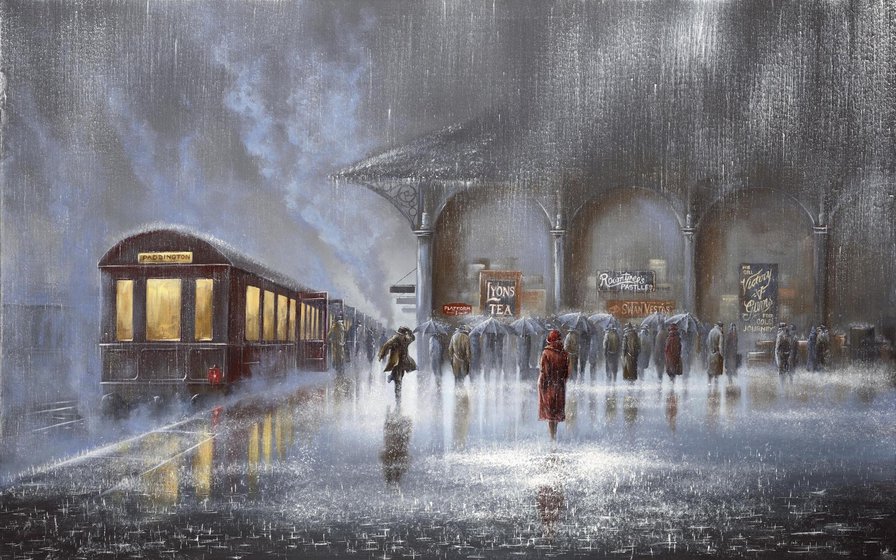 вокзал - поезд вокзал дождь люди городской пейзаж - оригинал