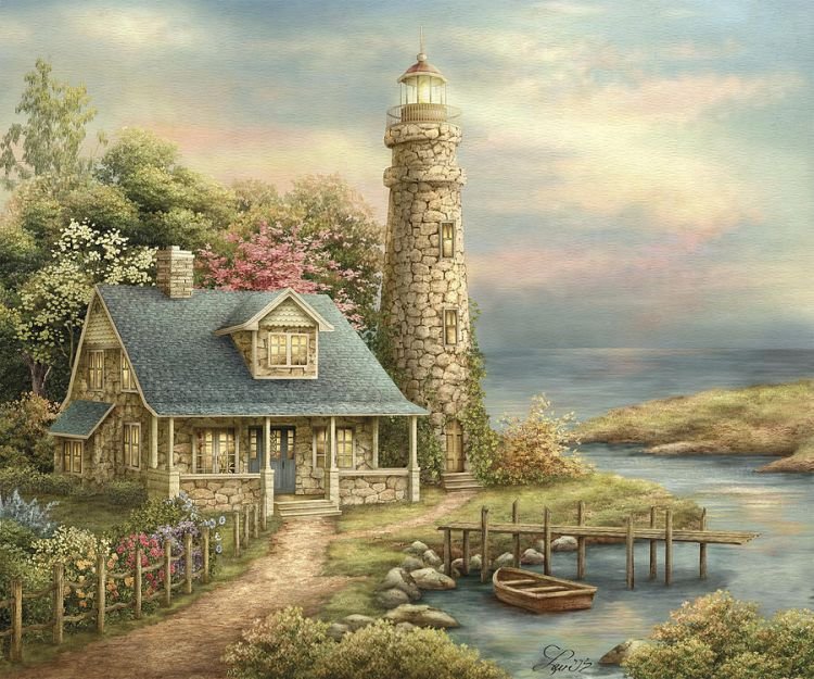 домик с маяком - река, домик, берег - оригинал