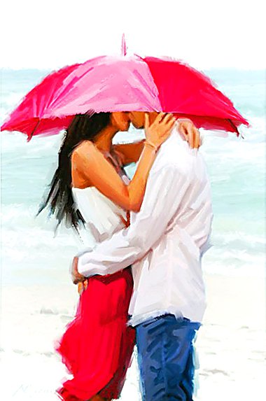поцелуй под зонтом - люди, дождь, страсть, город, живопись, пара, поцелуй, зонт - оригинал
