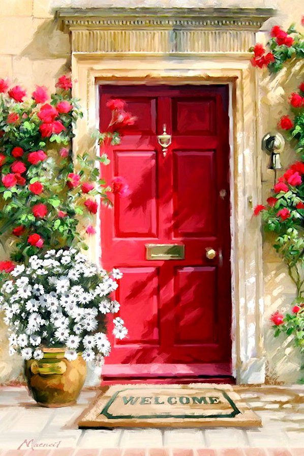 добро пожаловать - дверь, рисунок, прихожая, цветы, добро пожаловать - оригинал