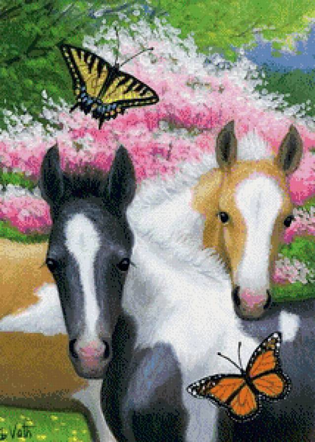 лошадки - лошадь, бабочки, животные, кони, лошади, лошадка - предпросмотр