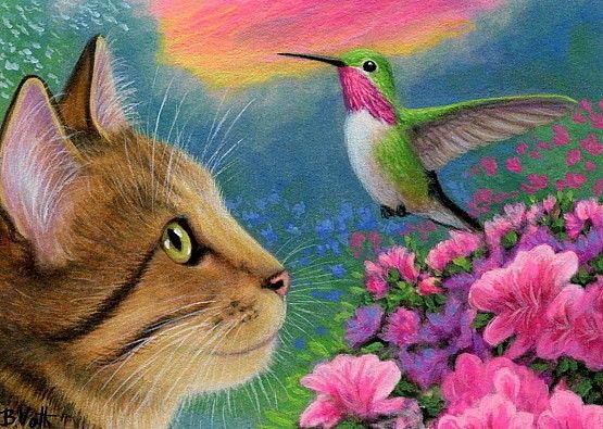 котик - кот, колибри, кошки, цветы, птицы, животные, котенок, кошка - оригинал