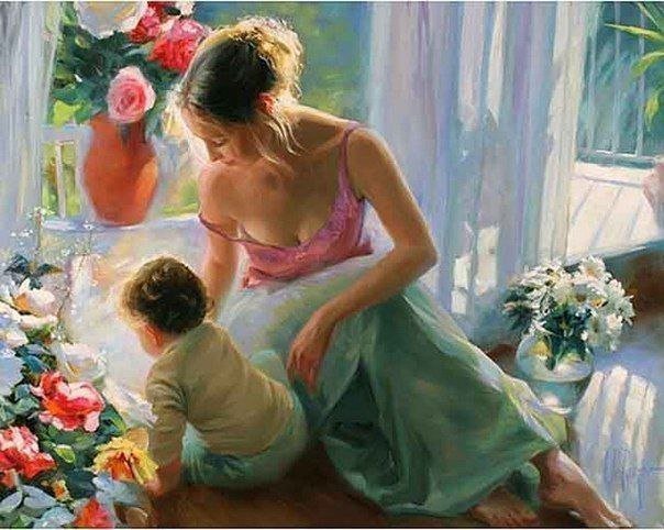 Мама и ребенок - цветы, мать, ребенок, акварель, комната - оригинал
