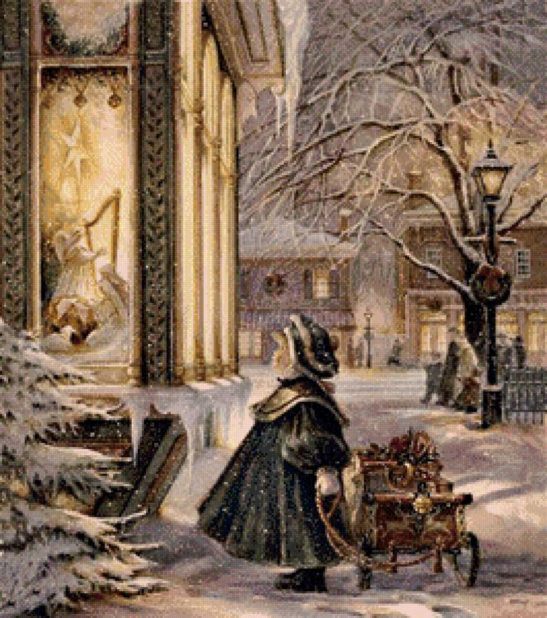 Серия "Картина" - улица, девочка, зима, фонарь, снег, подарки, рождество - предпросмотр