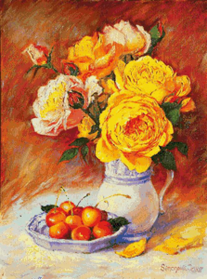 жёлтые розы и черешня - черешня, ваза, розы, ягоды, живопись, натюрморт, букет, цветы - предпросмотр