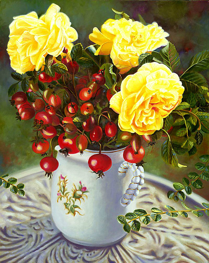 натюрморт с жёлтыми розами и красной смородиной - цветы, розы, букет, смородина, живопись, ягоды, ваза, натюрморт - оригинал