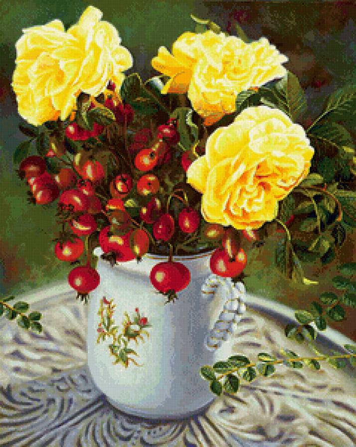 натюрморт с жёлтыми розами и красной смородиной - смородина, ваза, натюрморт, цветы, розы, ягоды, букет, живопись - предпросмотр
