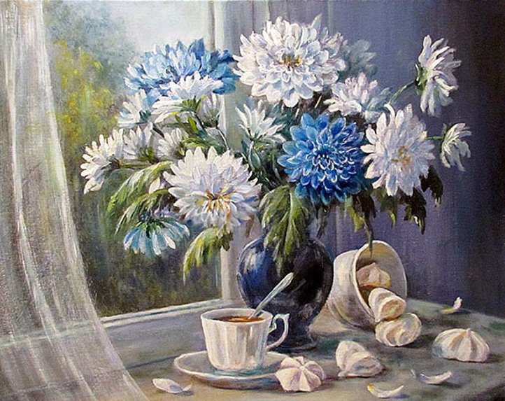 Букет хризантем - букет, цветы, натюрморт, ваза, чай, хризантемы, чашка - оригинал