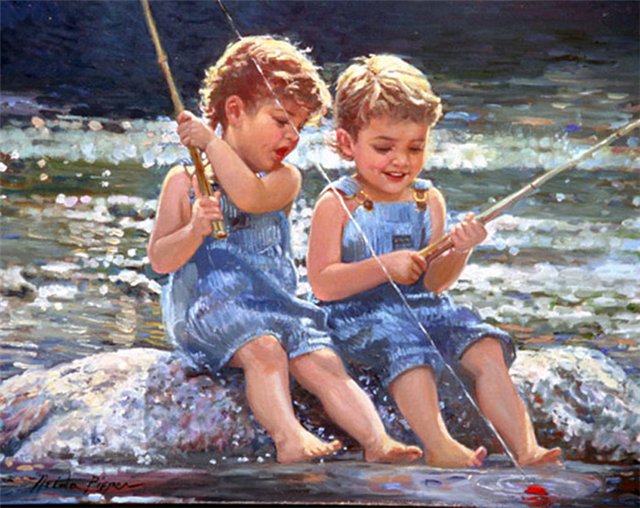 Рыбаки - рыбалка, река, дети - оригинал