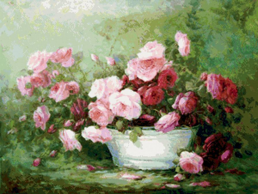 садовые розы - натюрморт, нежность, ваза, живопись, цветы, букет, розы - предпросмотр