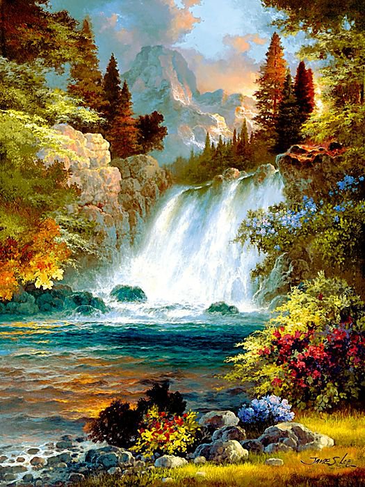 горный водопад - лес, водопад, живопись, горы, природа, дерево, река, пейзаж - оригинал