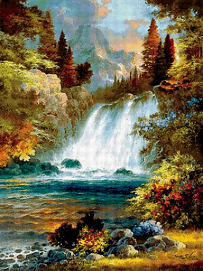 горный водопад - дерево, горы, водопад, пейзаж, живопись, природа, лес, река - предпросмотр