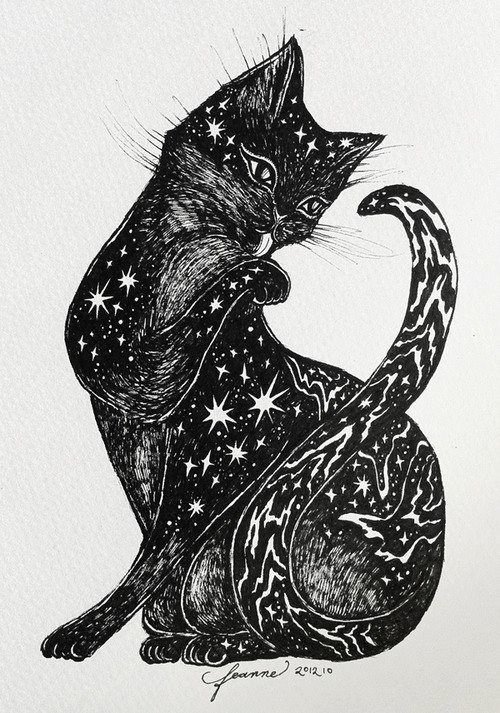 Звездная ночь - фэнтези, монохром, кошки, кошка - оригинал