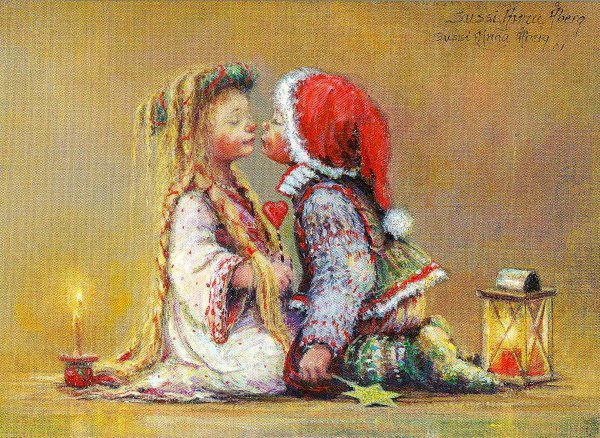 Рождественский поцелуй - дети, мальчик и девочка, рождество, новый год, поцелуй, новогодн - оригинал