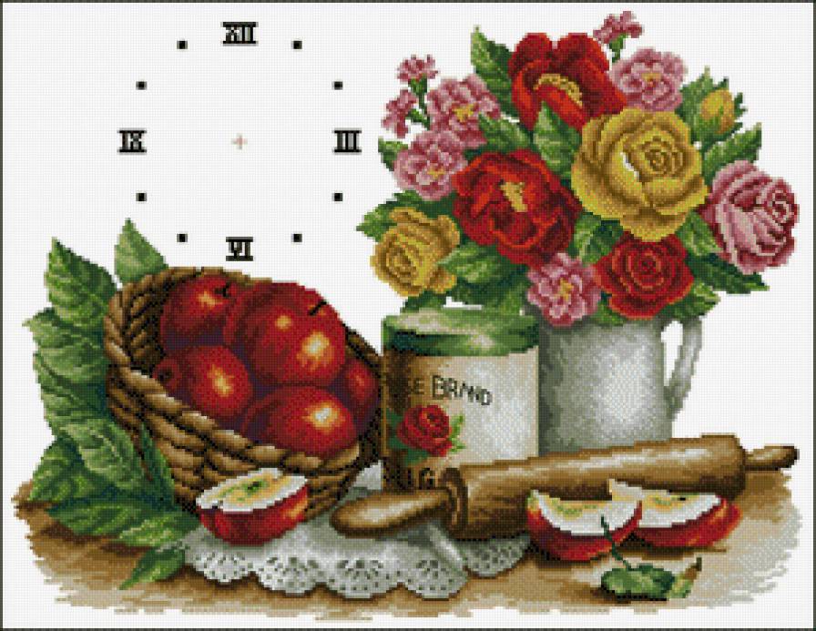 свежая кухня - яблоки, цветы, часы - предпросмотр
