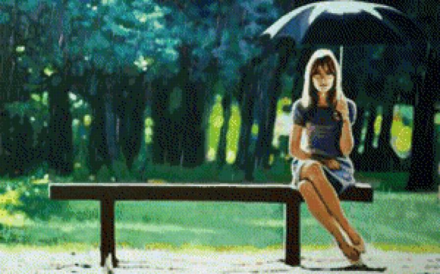Под дождем - дождь, зонт, лавочка, девушка, вечер, парк, осеннее настроение, осень - предпросмотр