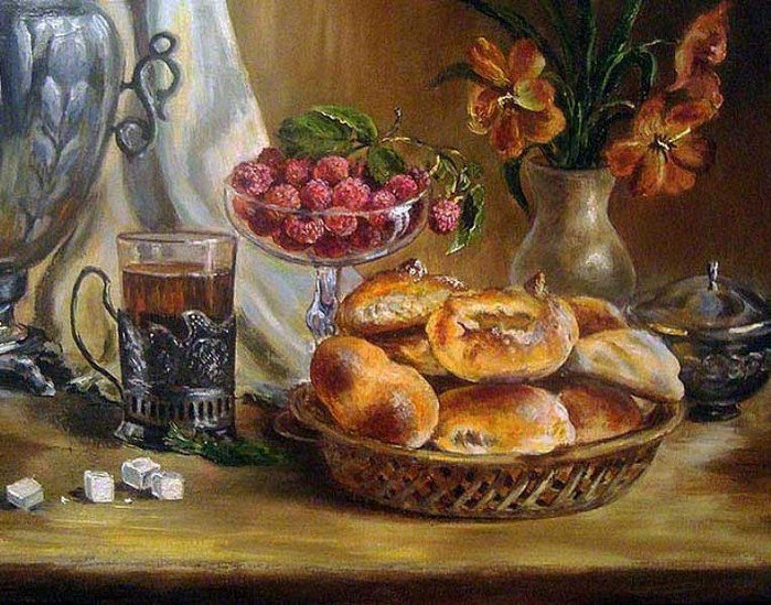 Натюрморт О.Воробьевой - натюрморт, чай, чаепитие, кухня, самовар, ягоды, булочки - оригинал