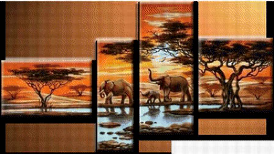 триптих - триптих, африка, животные, пейзаж - предпросмотр