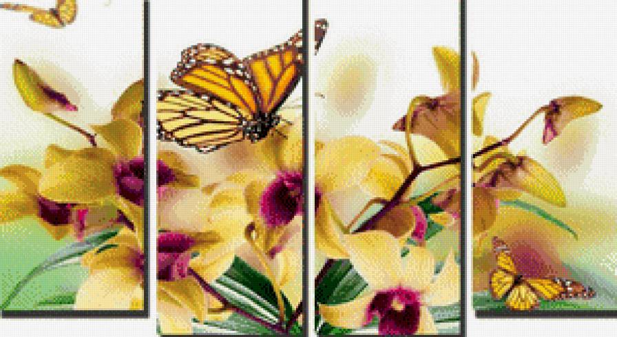 цветы и бабочка - цветы, триптих, бабочка - предпросмотр