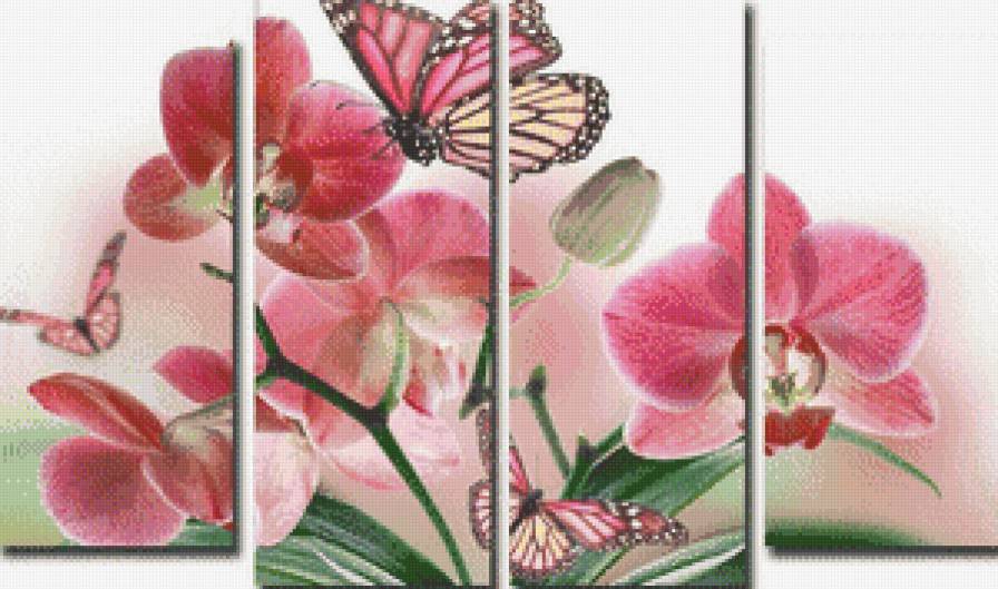 цветы и бабочка - триптих, бабочка, цветы - предпросмотр