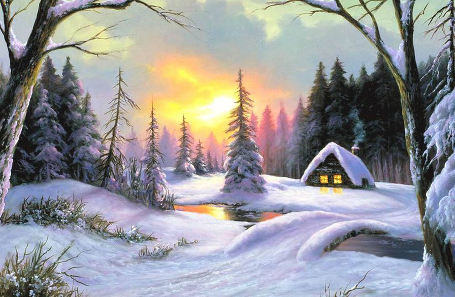 зимний пейзаж - домики, зима, пейзаж - оригинал